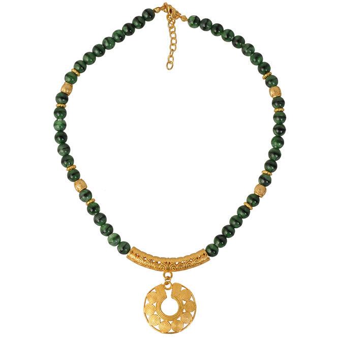 Collar Cristal Checo Verde 8mm, Dije Mediano Nariguera de Círculos Quimbaya