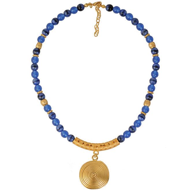 Collar Cristal Checo Azul 8mm, Dije Mediano Pectoral Quimbaya