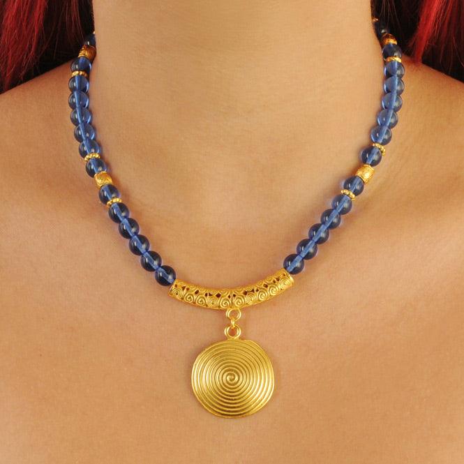 Collar Cristal Checo Azul 8mm, Dije Mediano Pectoral Quimbaya