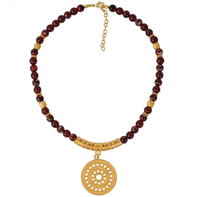 Collar Cristal Checo Rojo 8mm, Dije Mediano Pectoral Solar Muisca