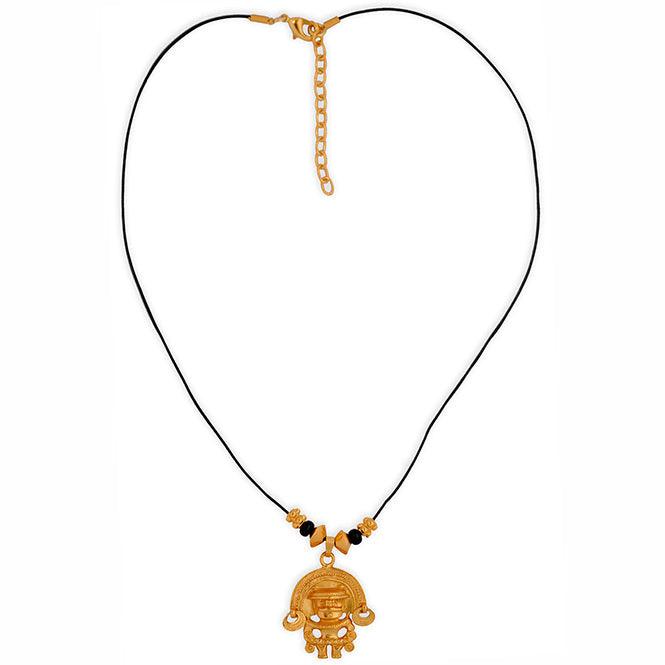Collar Cuero Negro, Piedra Coralina Negra y Dije Mediano Zoomorfo con Aretes Tairona