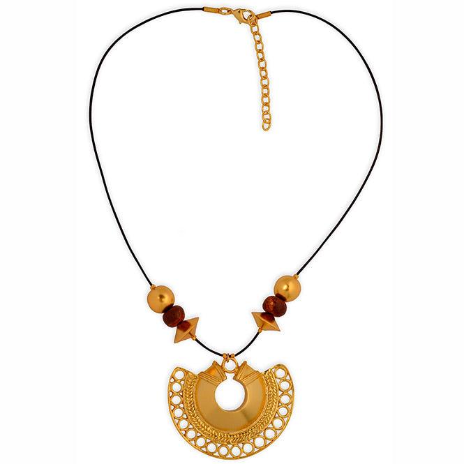 Collar Cuero Café, Piedra Tairona Terracota y Dije Extragrande Nariguera Semilunar Tairona