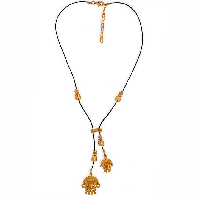 Collar Cuero Negro Corbata dos Dijes Pequeños Zoomorfo con Aretes Tairona