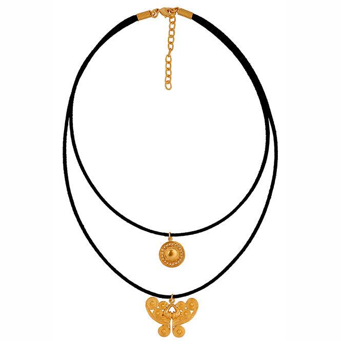Collar Cuero doble con Dijes Pectoral de Círculos Muisca y Nariguera Mariposa Tairona