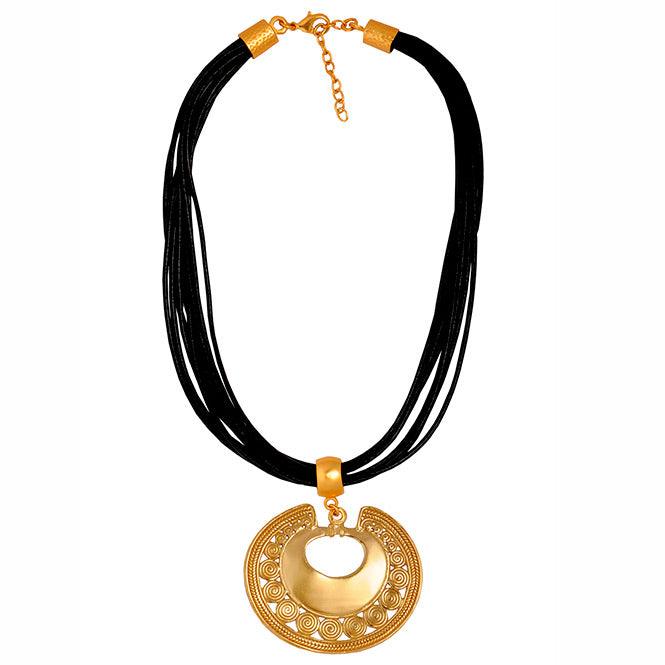 Collar Cuero Negro 10 Vueltas y Dije Extragrande Nariguera de Círculos Tairona