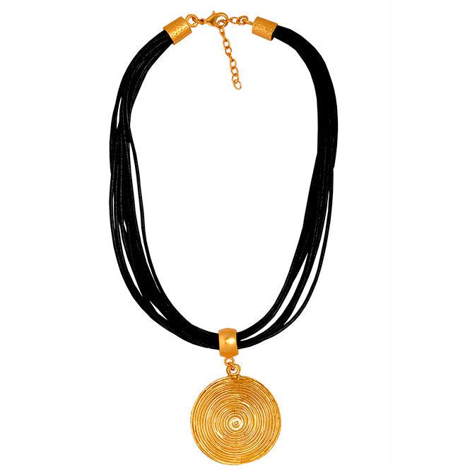 Collar Cuero Negro 10 Vueltas y Dije Grande Pectoral Quimbaya