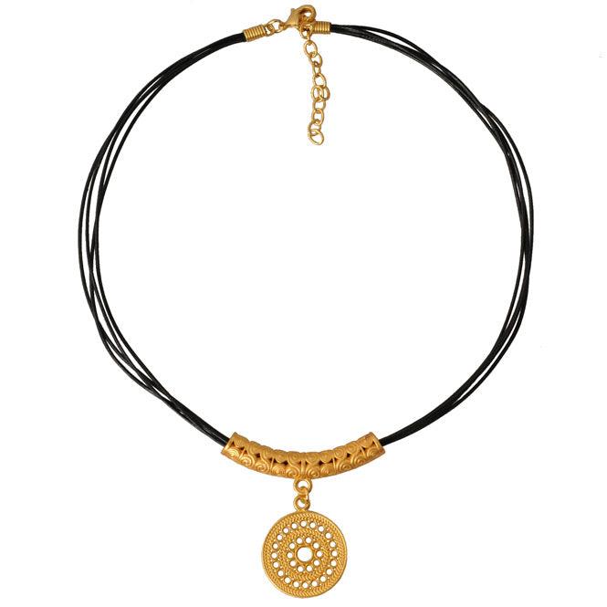 Collar Cuero 4 Vueltas y Dije Pequeño Pectoral Solar Muisca