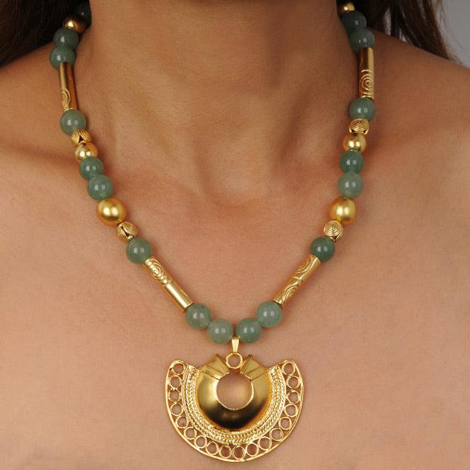 Collar Piedra Semipreciosa Aventurina 10mm y Dije Nariguera Filigrana Tairona