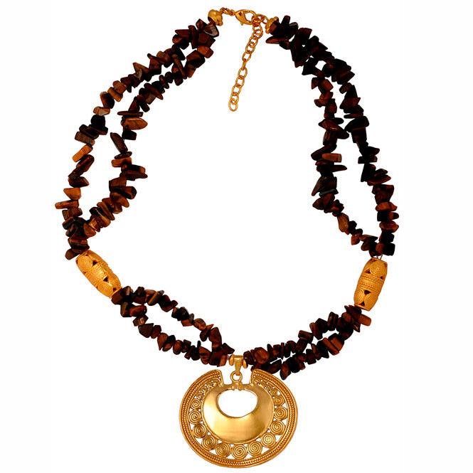 Collar Chips Piedra Semipreciosa Ojo de Tigre y Dije Extragrande Nariguera de Círculos Tairona
