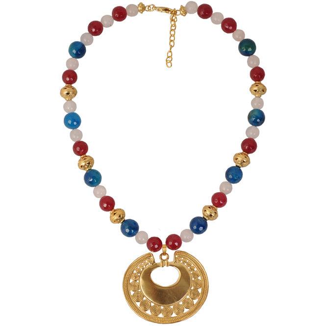 Collar Piedra Semipreciosa Ágatas Azul y Fucsia, Cuarzo Rosado y Dije Extragrande Nariguera de Círculos Tairona