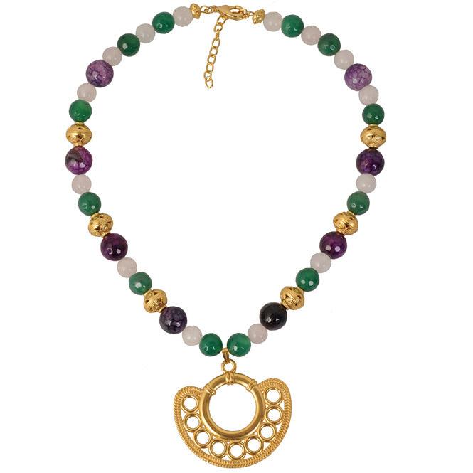 Collar Piedra Semipreciosa Ágatas Morada y Verde, Cuarzo Rosado y Dije Extragrande Nariguera Filigrana Simple Sinú