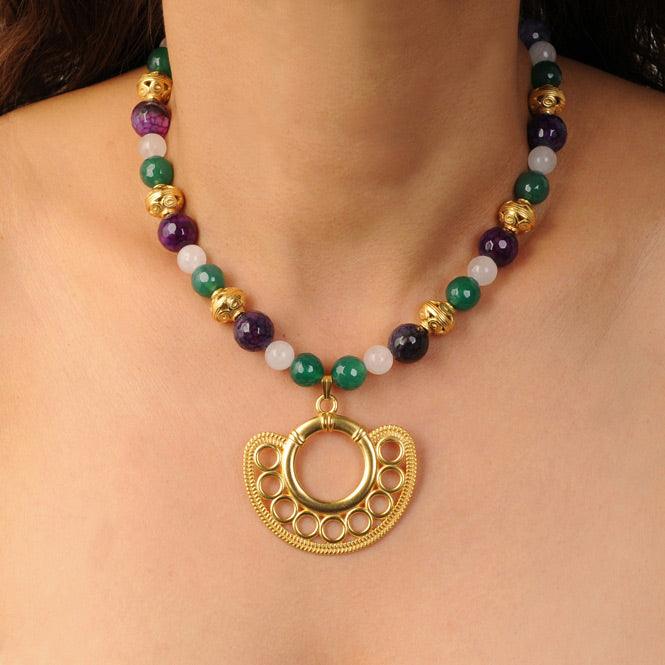 Collar Piedra Semipreciosa Ágatas Morada y Verde, Cuarzo Rosado y Dije Extragrande Nariguera Filigrana Simple Sinú