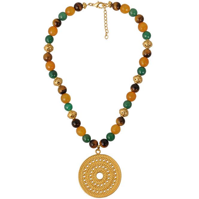 Collar Piedra Semipreciosa Ágatas Amarilla y Verde, Ojo de Tigre y Dije Grande Pectoral Solar Muisca