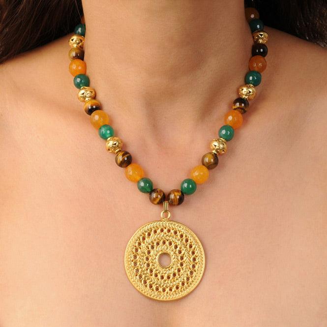 Collar Piedra Semipreciosa Ágatas Amarilla y Verde, Ojo de Tigre y Dije Grande Pectoral Solar Muisca