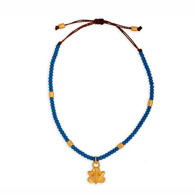 Pulsera Cristal Checo Mini Azul y Dije Mini Rana Tairona