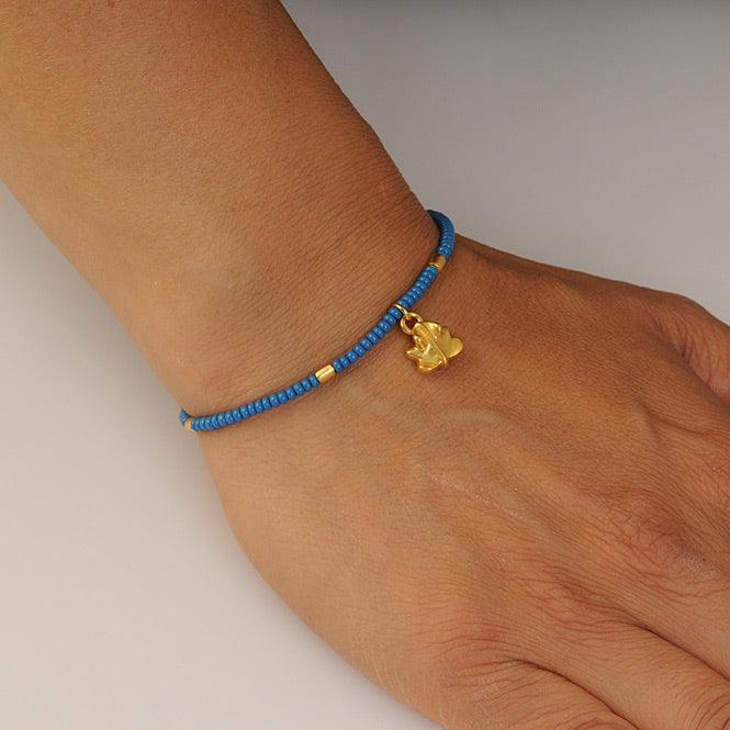 Pulsera Cristal Checo Mini Azul y Dije Mini Rana Tairona