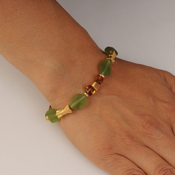 Pulsera Cristal Checo 14×10mm Verde Oliva y Cubo Tortoise