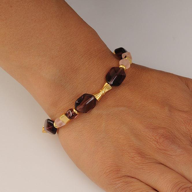 Pulsera Cristal Checo 14×10mm Amatista y Cubo Rosado
