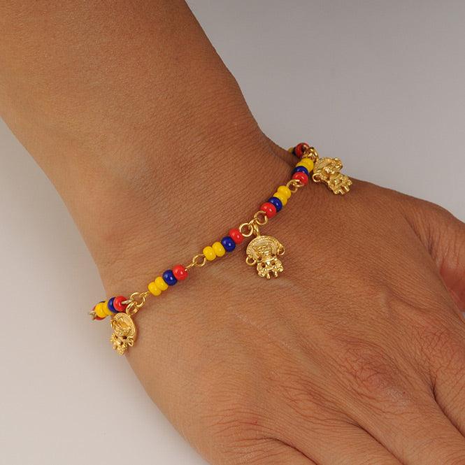 Pulsera Colombia en Chaquira Checa y 3 Dijes Pequeño Zoomorfo con Aretes Tairona