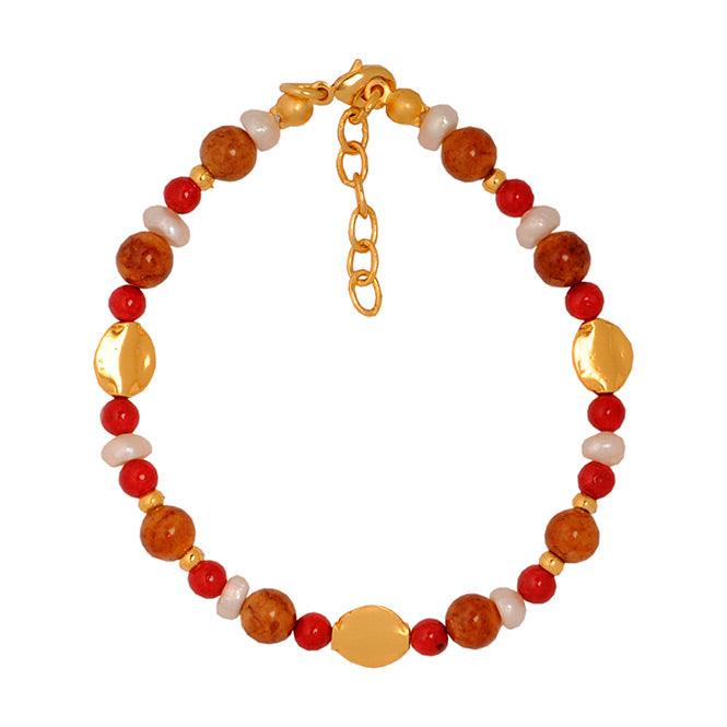 Pulsera Piedra Semipreciosa Fossil Marrón, Fossil Rojo, Perla
