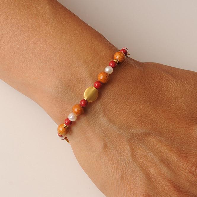 Pulsera Piedra Semipreciosa Fossil Marrón, Fossil Rojo, Perla
