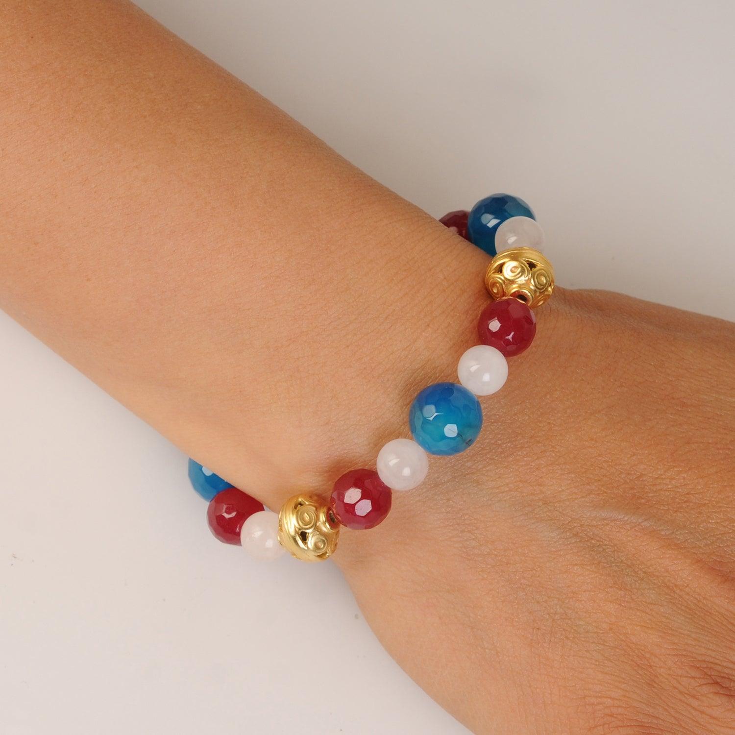 Pulsera Piedra Semipreciosa Ágatas Azul y Fucsia, Cuarzo Rosado