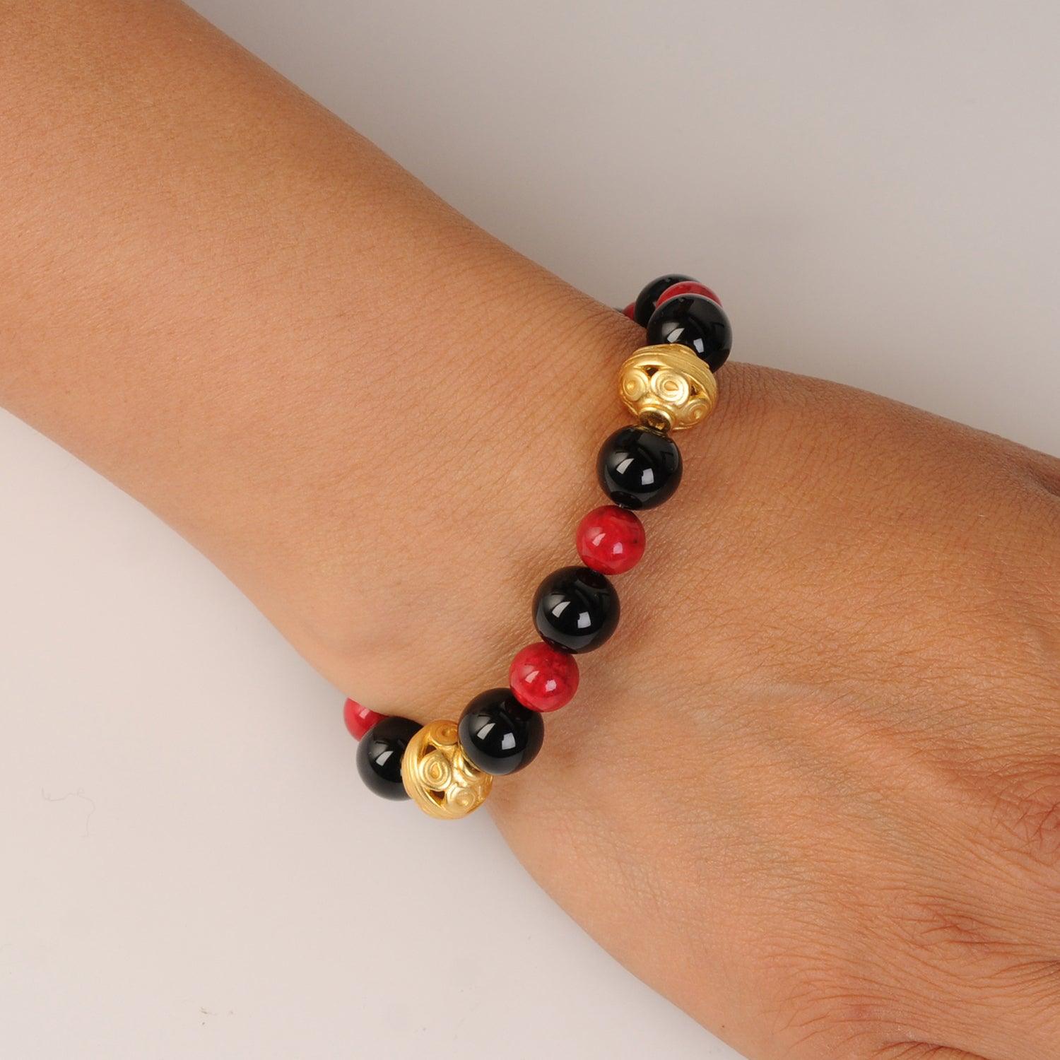Pulsera Piedra Semipreciosa Onix 10mm y Fossil Rojo 8mm