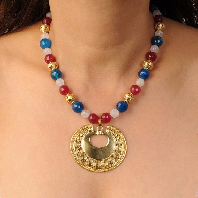 Collar Piedra Semipreciosa Ágatas Azul y Fucsia, Cuarzo Rosado y Dije Extragrande Nariguera de Círculos Tairona